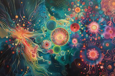 Abstrakte Mikrokosmos-Explosion in leuchtenden Farben